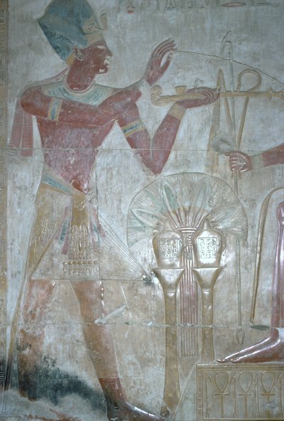 Seti I offert wierook aan Horus, Tempel van Seti I, Egyptisch Nieuwe Rijk, XIXe dynastie, ca. 1318 v.Chr. door Unbekannt