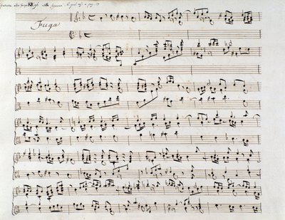 Bladmuziekpagina voor Händels Fuga uit een manuscript met twee werken, door Domenico Scarlatti en Friedrich Handel door Unbekannter Künstler