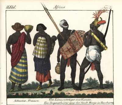 Shoua vrouwen met een baby, een speer en een boogschutter uit het Kanem-rijk (Tsjaad en Libië). Lithografie voor het boek: “Galerie complete en tableaux fideles des peuples d