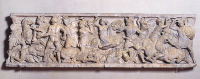 Zijde van een sarcofaag die de strijd tussen de Grieken en de Amazonen afbeeldt, Romeins, 2e eeuw (marmer) door Unbekannt