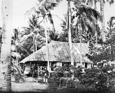 Singapore: Een privébungalow omgeven door palmbomen. Singapore, ca. 1875 door Unbekannt