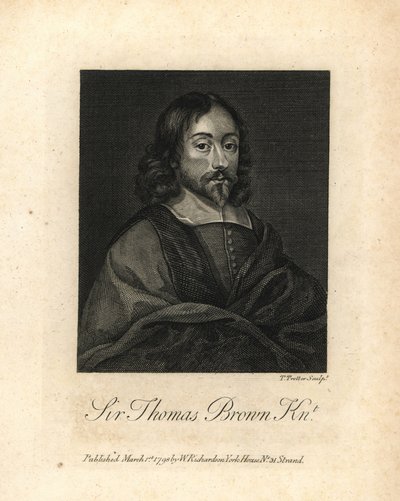 Sir Thomas Brown, Engels polymath en schrijver over wetenschap, geneeskunde, religie en het esoterische, stierf in 1682. Koperen gravure uit William Richard