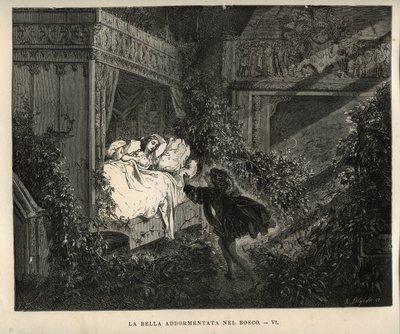 Doornroosje: de prins ontdekt de slapende prinses na honderd jaar. Gravure door Gustave Doré (1832-1883) uit 
