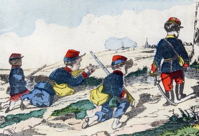 Sluipschutters. Gravure in "Alphabet militaire enfantin". Imagery van Pont-a-Mousson, circa 1890. door Unbekannt