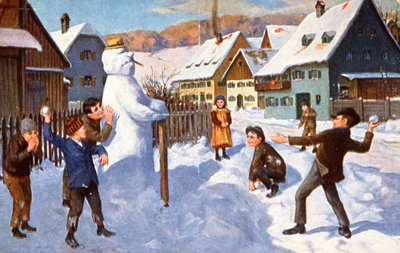 Sneeuwpop en spelende kinderen, ca. 1910 (ansichtkaart) door Unbekannter Künstler