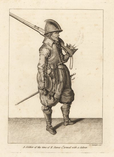 Soldaat uit de tijd van Koning Jacobus I bewapend met een caliver of haakbus door Unbekannt