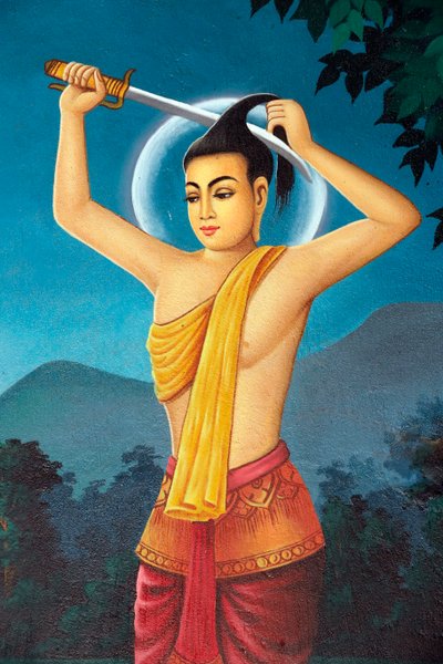 Srahchork Boeddhistisch Klooster. Schilderij dat het levensverhaal van Shakyamuni Boeddha uitbeeldt. Prins Siddhartha knipt zijn haar af om het wereldse leven te verzaken aan de oever van de Anoma-rivier. Phnom Penh. Cambodja. (foto) door Unbekannt