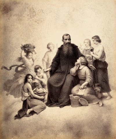 Sint Benedictus op de troon, omringd door jongeren met bundels tarwe en manden met fruit. Illustratie van Canto XXXII in Paradiso van De Goddelijke Komedie van Dante Alighieri. Werk van Francesco Scaramuzza opgedragen aan de gemeente Florence door Unbekannter Künstler