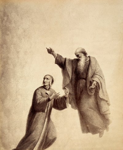 Sint Bernard wijst Dante op de Roos van de gezegenden waar Beatrice zit. Illustratie van Canto XXXI in Paradiso van De Goddelijke Komedie van Dante Alighieri. Werk van Francesco Scaramuzza opgedragen aan de gemeente Florence door Unbekannter Künstler