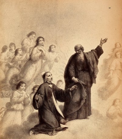 St. Bernard, glimlachend, gebaart Dante om omhoog te kijken; de dichter knielt met open armen naast de heilige; gezegende geesten omringen hen. Illustratie van Canto XXXIII in Paradiso van De Goddelijke Komedie door Dante Alighieri door Unbekannter Künstler