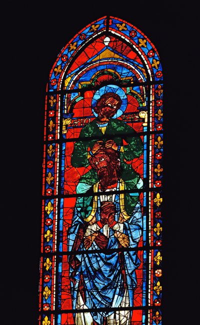 St. Johannes de Evangelist rijdend op de schouders van Ezechiël, lancetvenster in het zuidelijke transept, ca. 1217-25 (glas-in-lood) door Unbekannt