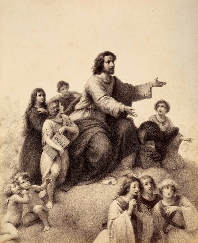 St. Johannes de Evangelist met uitgestrekte armen wordt omringd door jeugd en engelen; aan zijn voeten heeft een adelaar het Evangelie in zijn klauwen; een jongeling, rechts van de heilige, houdt het boek van de Apocalyps (Het Boek Openbaring). Illustratie door Unbekannter Künstler