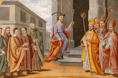 St. Nicolas de Veroce kerk. St. Nicolas wordt gekozen tot bisschop van Myra. Schilderij. door Unbekannt