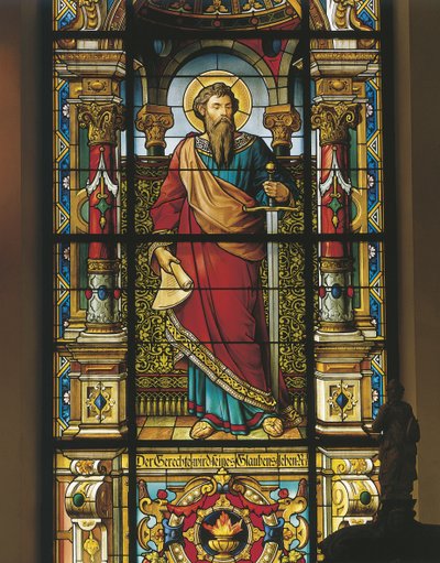 Glas-in-loodraam van een heilige, Stockholm, Zweden door William M. Timlin