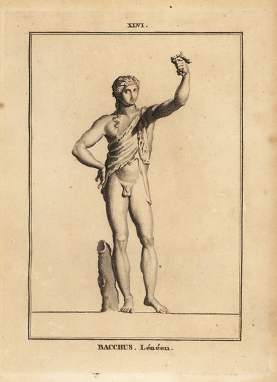 Standbeeld van Bacchus Lenaios, de Romeinse god van de wijn, naakt behalve voor een leeuwenhuid, die een tros druiven perst door Unbekannt