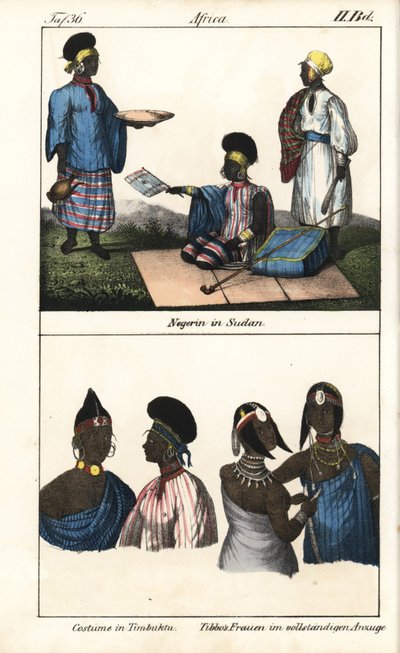 Soedanese vrouwen in gestreepte jurk. Hieronder, demmes van Timboektoe (Mali) en Tibbo vrouwen van de Sahara. Lithografie voor het boek: “Galerie complete en tableaux fideles des peuples d