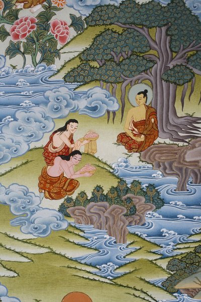 Sujata geeft melkrijst aan Boeddha. Thangka, Bhaktapur, Nepal door Unbekannt