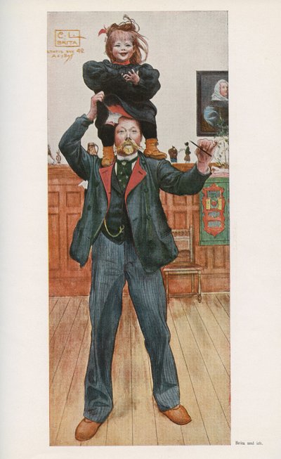 Zweedse illustrator Carl Larsson (1853-1919) met zijn dochter Brita. Aquarel uit 