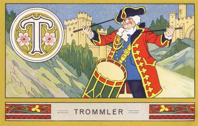 T: Trommelaar - Alphabet Palmin. Serie chromolithografieën uitgegeven door H. Schlinck & Cie, Hamburg. Reclame voor Palmin fijnste kokosvet. Afmetingen: 7 x 11 cm door William M. Timlin