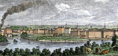 Textielfabrieken langs de Merrimack (Merrimac) en Concord rivieren, Lowell, Massachusetts, VS in de jaren 1830. Gekleurde gravure uit de 19e eeuw. door Unbekannter Künstler
