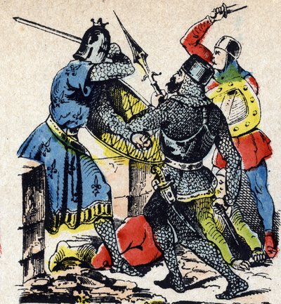 De Slag bij Taillebourg tussen de koning van Frankrijk Lodewijk IX en zijn broer de graaf van Poitiers Alphonse tegen de wapens van hun vazallen opstand, Hendrik III van Engeland en Hugues X van Lusignan. Epinal afbeelding 19e eeuw (gravure) door Unbekannter Künstler