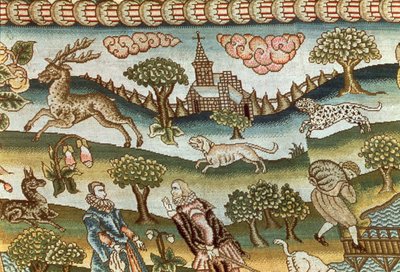 Het Bradford Tafelkleed, detail van honden die een hert achtervolgen, geborduurd op linnen canvas in gekleurde zijde, Engels, laat 16e eeuw door Unbekannt