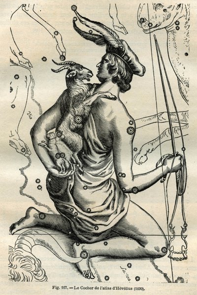 De Koets van de Atlas van Hevelius (1690): Het sterrenbeeld van de Koets, die in de rechterhand een zweep en teugels houdt en op de linkerarm de Chevre en twee chevrals, is een van de oudste in de Griekse sfeer. Gravure uit Camille Flammarion