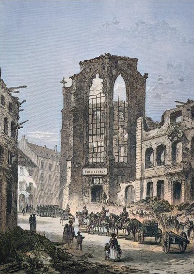 Het verwoeste gebouw van de bibliotheek in Straatsburg door Unbekannter Künstler