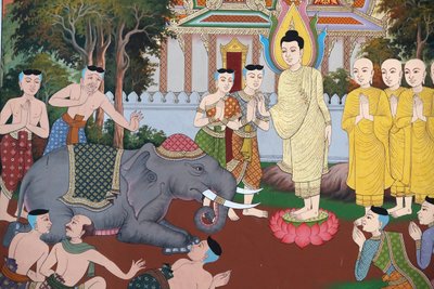 Het Leven van de Boeddha, Een wilde olifant getemd door liefdevolle vriendelijkheid, Muurschildering, Wat Maniratanaram klooster, Phnom Penh, 2022 door Unbekannter Künstler
