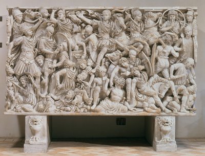 De Ludovisi-sarcofaag met hoogreliëfvoorstelling van de Romeinen die tegen de barbaren vechten, 250-80 AD door Unbekannt