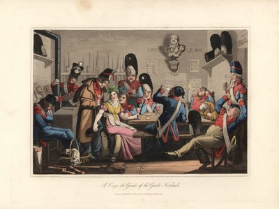 De Nationale Garde in de Garde, drinkend met de cantinière, drankverkoper en kaartspelend, pijp rokend, sommigen slapen - Ets naar een illustratie van Victor Auver, uit 