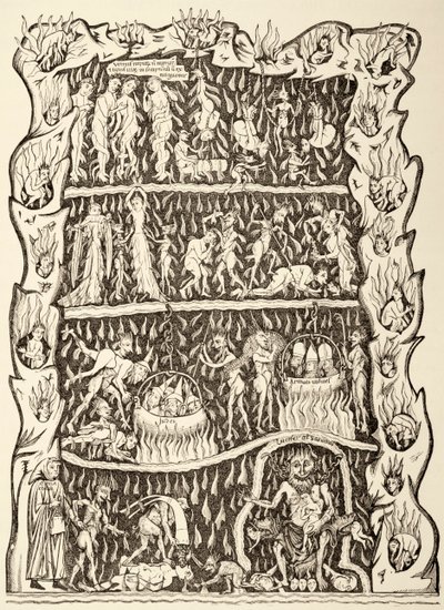 De kwellingen van de hel, uit een miniatuur in een 12e-eeuws manuscript vernietigd na een brand in de bibliotheek van Straatsburg tijdens een Pruisische bombardement door Unbekannt