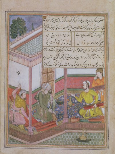 De zevenentwintigste nacht: Zarir en twee andere wevers verkopen stof aan een man met een beurs, uit Tuti Nama (Tutiname) ca. 1580 door Unbekannt