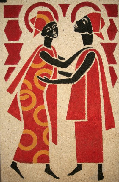 De Visitatie. Het fresco van de Keur Moussa abdijkerk werd ontworpen en geschilderd in 1963 door Dom Georges Saget, Keur Moussa, Senegal door Unbekannt