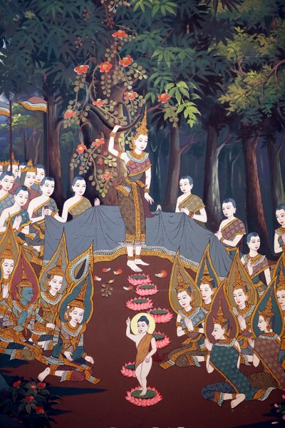 De geboorte van de baby Siddhartha, muurschildering, Wat Botum tempel, Phnom Penh, 2022 door Unbekannter Künstler