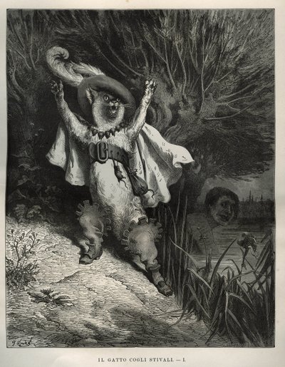 De laars kat roept om hulp. Gravure door Gustave Doré (1832-1883) uit 