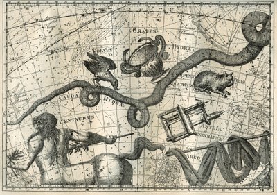 Het sterrenbeeld Hydra, met een Curbeau die het prikte en een Beker van Balanceren, afkomstig uit de mythe van Apollo die een kraai met een beker vol water had gestuurd om een offer te brengen aan Jupiter. Onder de Hydre, de Franse astronoom Lalande (1732- door Unbekannter Künstler