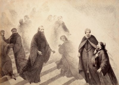 De contemplatieve geest van Peter Damian daalt af van een gouden ladder, bewegend naar Dante. Illustratie van Canto XVI in Paradiso van De Goddelijke Komedie door Dante Alighieri door Unbekannter Künstler