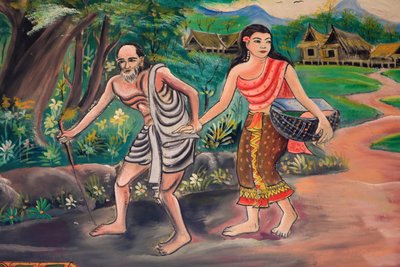 De dag ervoor. Ontmoeting met de dorpeling. Het pad van verlichting. Leven van Boeddha. Plafondkunstwerk dat het leven van Boeddha afbeeldt. Wat Inpeng. Ventiane. Laos door Unbekannt