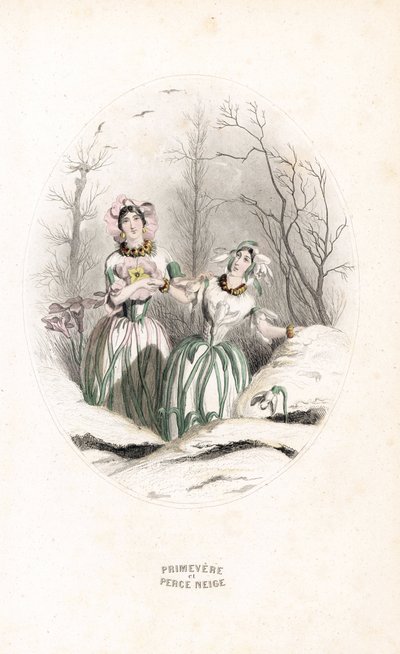 De feeën doorboren sneeuw en sleutelbloem in een besneeuwd landschap - Ets door Charles Geoffroy (1819-1882), gebaseerd op een illustratie door Jean Ignace Isidore Gerard alias J.J.J.Granville (1803-1847), voor Les fleurs animees door Unbekannter Künstler