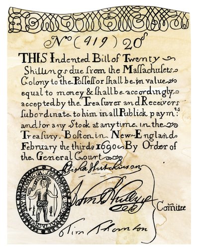 Het eerste Amerikaanse papiergeld ter waarde van 20 shilling, uitgegeven door het General Court van de Boston Colony (Massachusetts, VS) in 1690 door Unbekannter Künstler