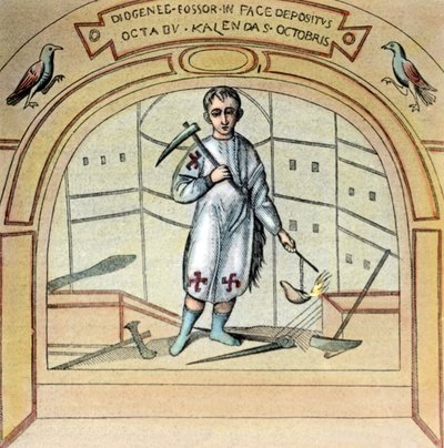 De fossor of grafdelver Diogenes als muurschildering in de St Marcellino kerk in de Via Labicana in Rome, Italië door Unbekannter Künstler