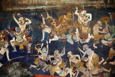 Het interieur van de Zilveren pagode is bedekt met muurschilderingen die verhalen uit de Reamker uitbeelden, de Khmer-versie van het klassieke Indiase epos, de Ramayana. Sommige delen van de muurschilderingen zijn verslechterd en beschadigd door het weer. door Unbekannt