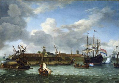 Het eiland Onrust, voor de kust van Batavia (nu Jakarta, Indonesië), uitgerust met alle infrastructuren die nodig zijn voor commerciële activiteiten en onderhoud van de schepen van de Nederlandse Oost-Indische Compagnie door Unbekannter Künstler