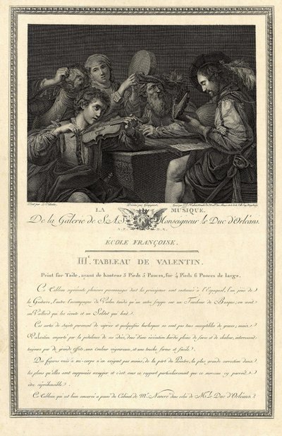De muziek. Gravure van de galerij van Zijne Excellentie de Hertog van Orléans naar een schilderij van de schilder Le Valentin door Unbekannter Künstler