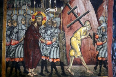 De passie van Christus Simon draagt het kruis Byzantijnse fresco uit het Agios Ioannis Lampadistis-klooster, Sint Jan Lampadistis 11e eeuw Cyprus Geschilderde kerken UNESCO-site Troodos, Cyprus door Unbekannt