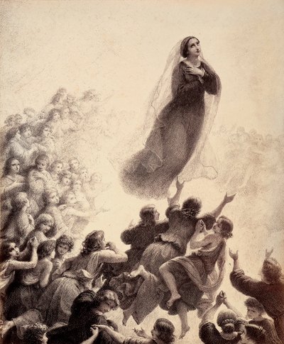 De geesten van de gezegenden, met uitgestrekte armen, begeleiden Maria