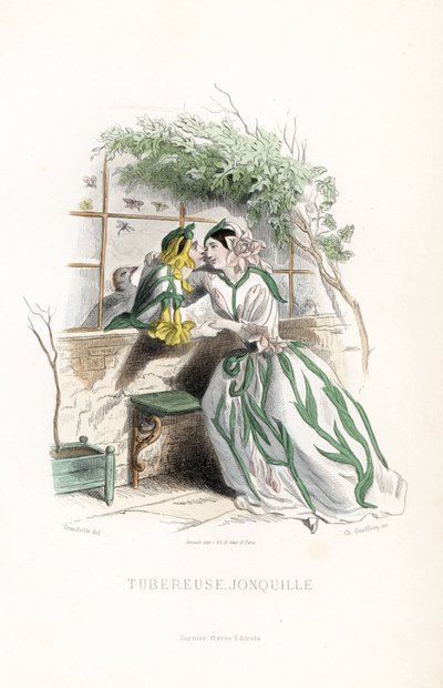 De knolfee en een elf narcis worden het hof gemaakt op een tuinbank, naast een muur - Ets door Charles Geoffroy (1819-1882), gebaseerd op een illustratie door Jean Ignace Isidore Gerard alias J.J.Granville (1803-1847), voor Les fleurs animees door Unbekannter Künstler