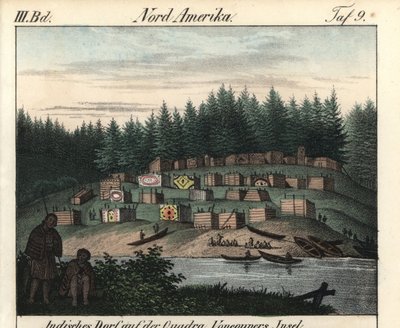 Het dorp van houten huizen geschilderd door Indianen op Vancouver Island, Canada. Lithografie voor het boek: “Galerie complete en tableaux fideles des peuples d