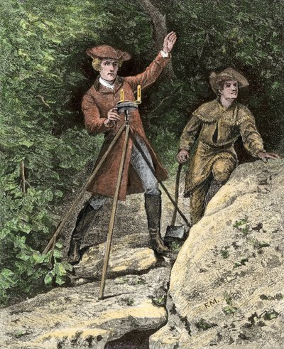 De jonge George Washington (1732-1799) werkend als landmeter in Virginia. Kleurengraving uit de 19e eeuw. door Unbekannter Künstler